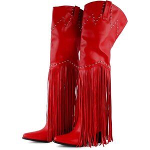 Women's Red Studded Faux Fur Knee High Furry Heel Boots Fashion Pointed Toe